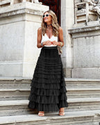 Jupe longue plissée femme, taille élastique, coupe évasée, noir