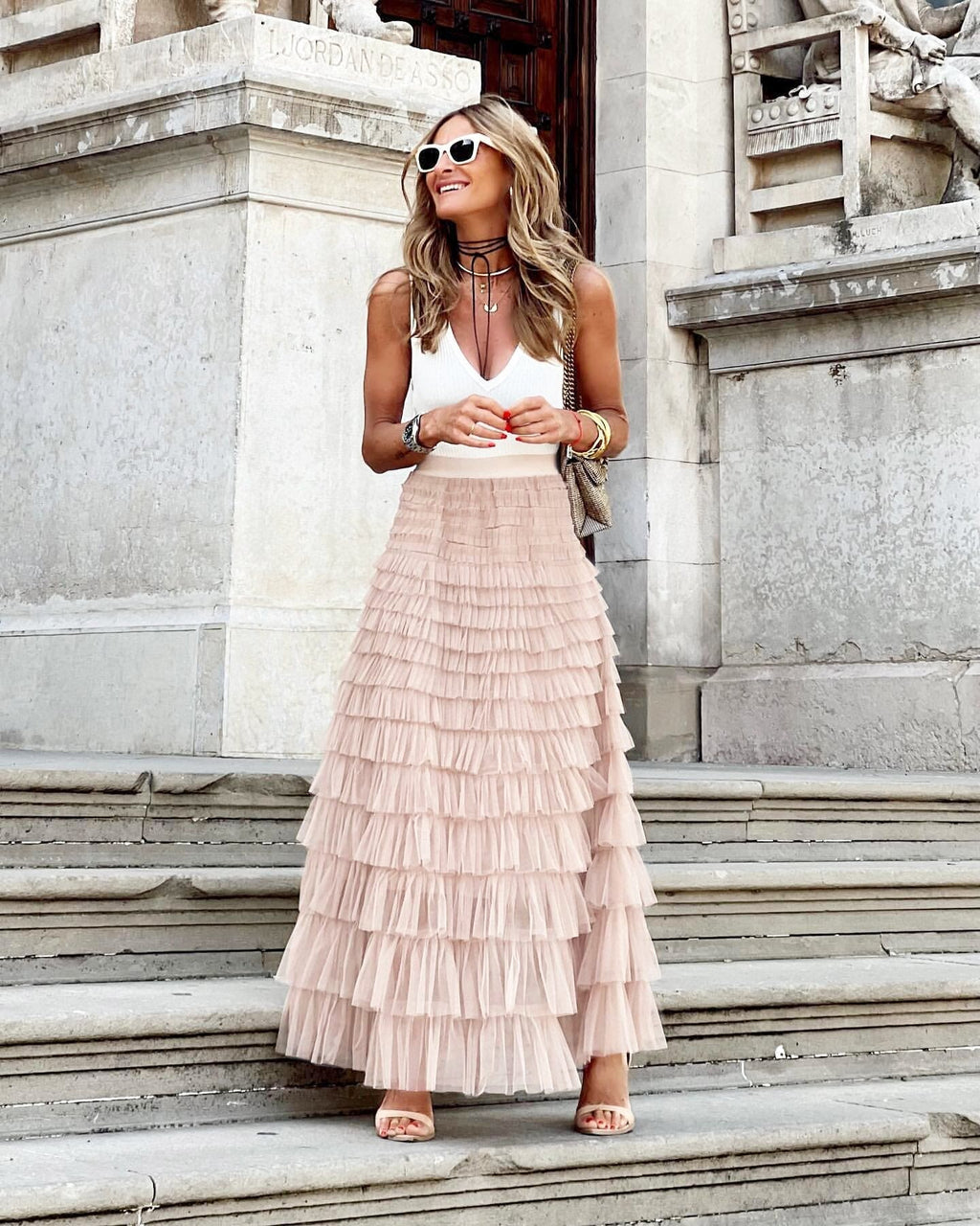 Jupe longue plissée femme, taille élastique, coupe évasée, rose