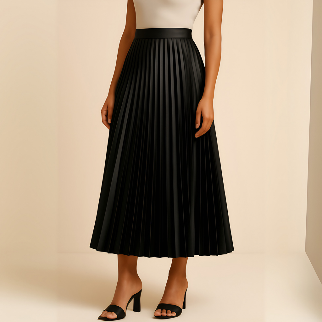 Jupe plissée mi-longue taille haute, coupe évasée, cinq coloris, noir