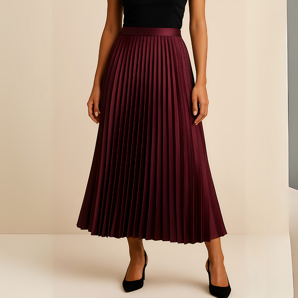 Jupe plissée mi-longue taille haute, coupe évasée, cinq coloris, bordeaux