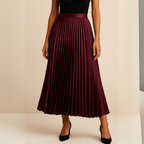 Jupe plissée mi-longue taille haute, coupe évasée, cinq coloris, bordeaux