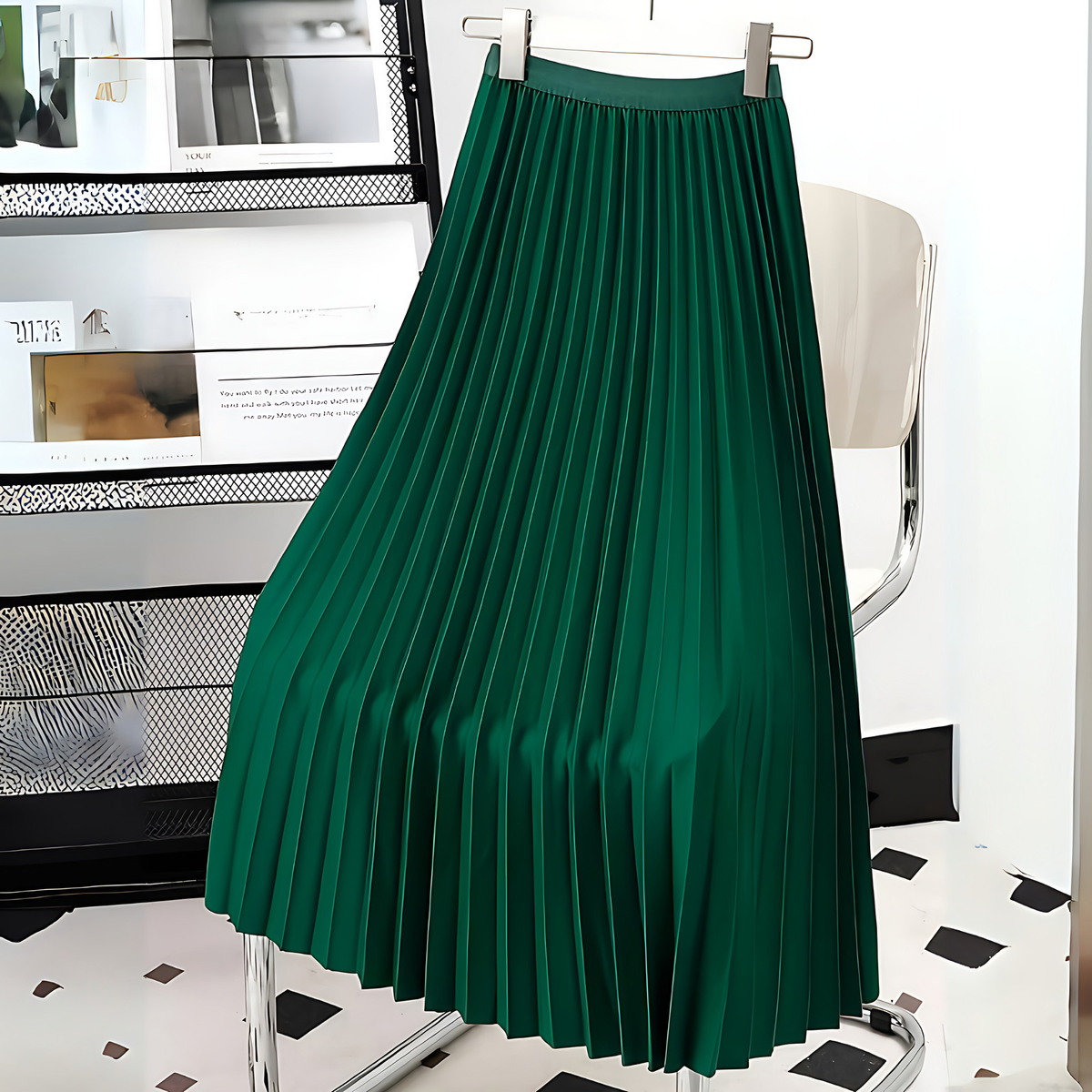 Jupe plissée mi-longue taille haute, coupe évasée, cinq coloris, vert