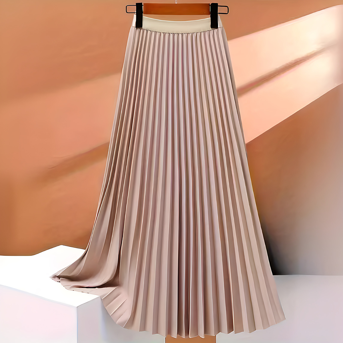 Jupe plissée mi-longue taille haute, coupe évasée, cinq coloris, abricot