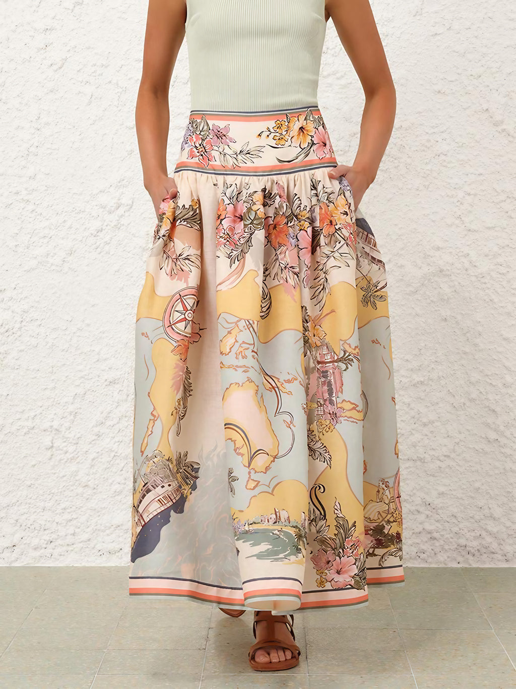 Jupe midi fleurie femme taille haute, kaki, du XS au 2XL, kaki