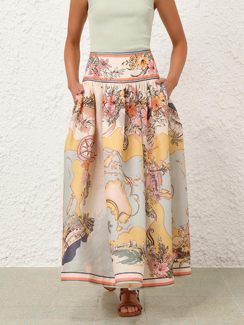 Jupe midi fleurie femme taille haute, kaki, du XS au 2XL, kaki