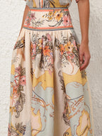 Jupe midi fleurie femme taille haute, kaki, du XS au 2XL