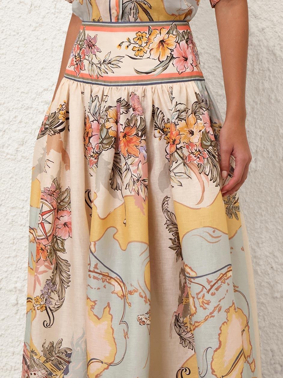 Jupe midi fleurie femme taille haute, kaki, du XS au 2XL