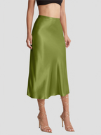 Jupe midi taille haute fluide, longueur mi-mollet, vert olive