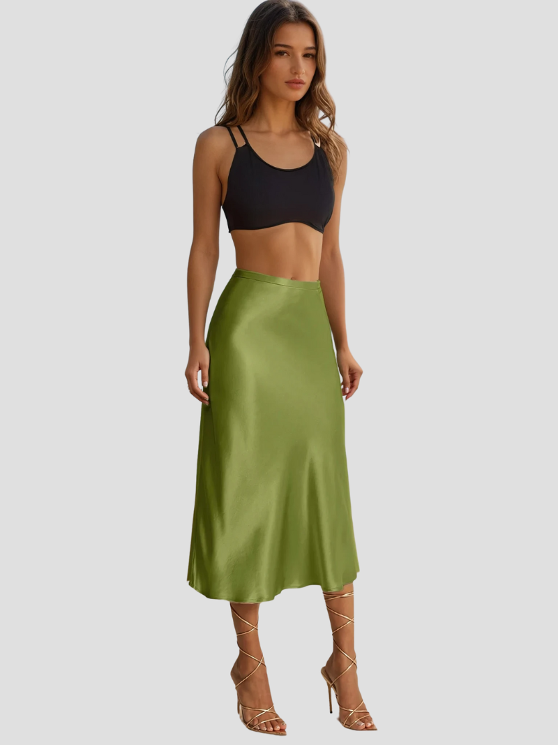Jupe midi taille haute fluide, longueur mi-mollet