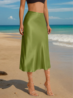 Jupe midi taille haute fluide, longueur mi-mollet