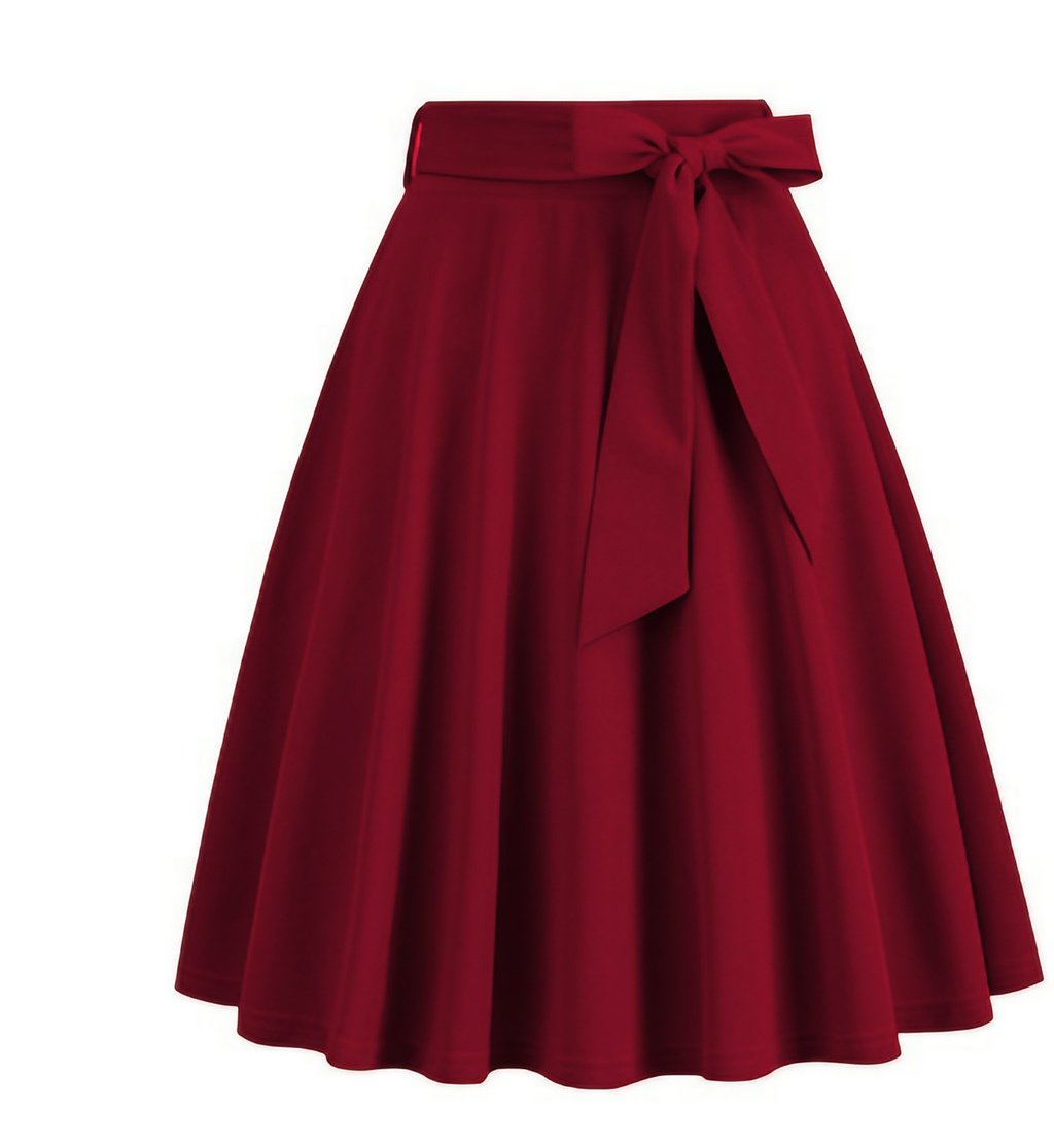 Jupe midi trapèze taille haute à nœud sur le côté, huit coloris, bordeaux