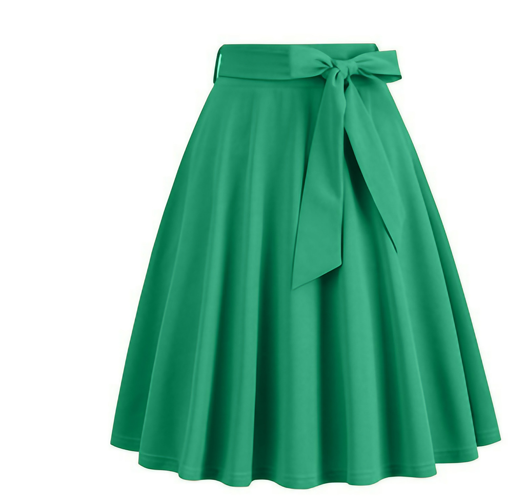Jupe midi trapèze taille haute à nœud sur le côté, huit coloris, vert
