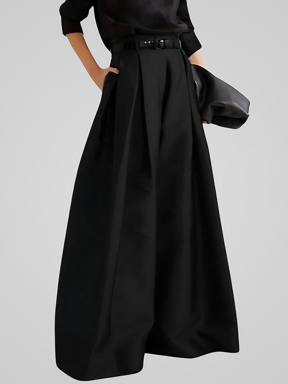 Jupe-culotte longue femme taille haute, jambe large et coupe en A, noir