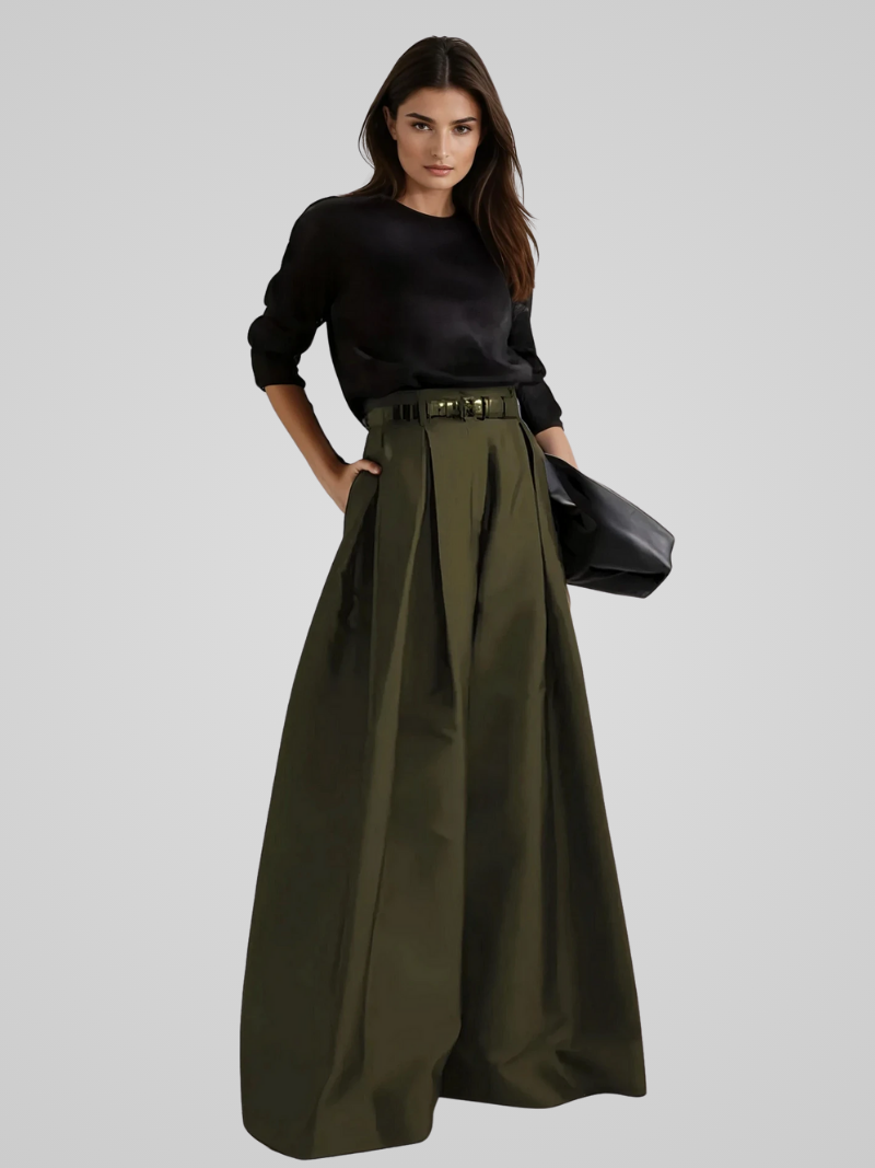 Jupe-culotte longue femme taille haute, jambe large et coupe en A
