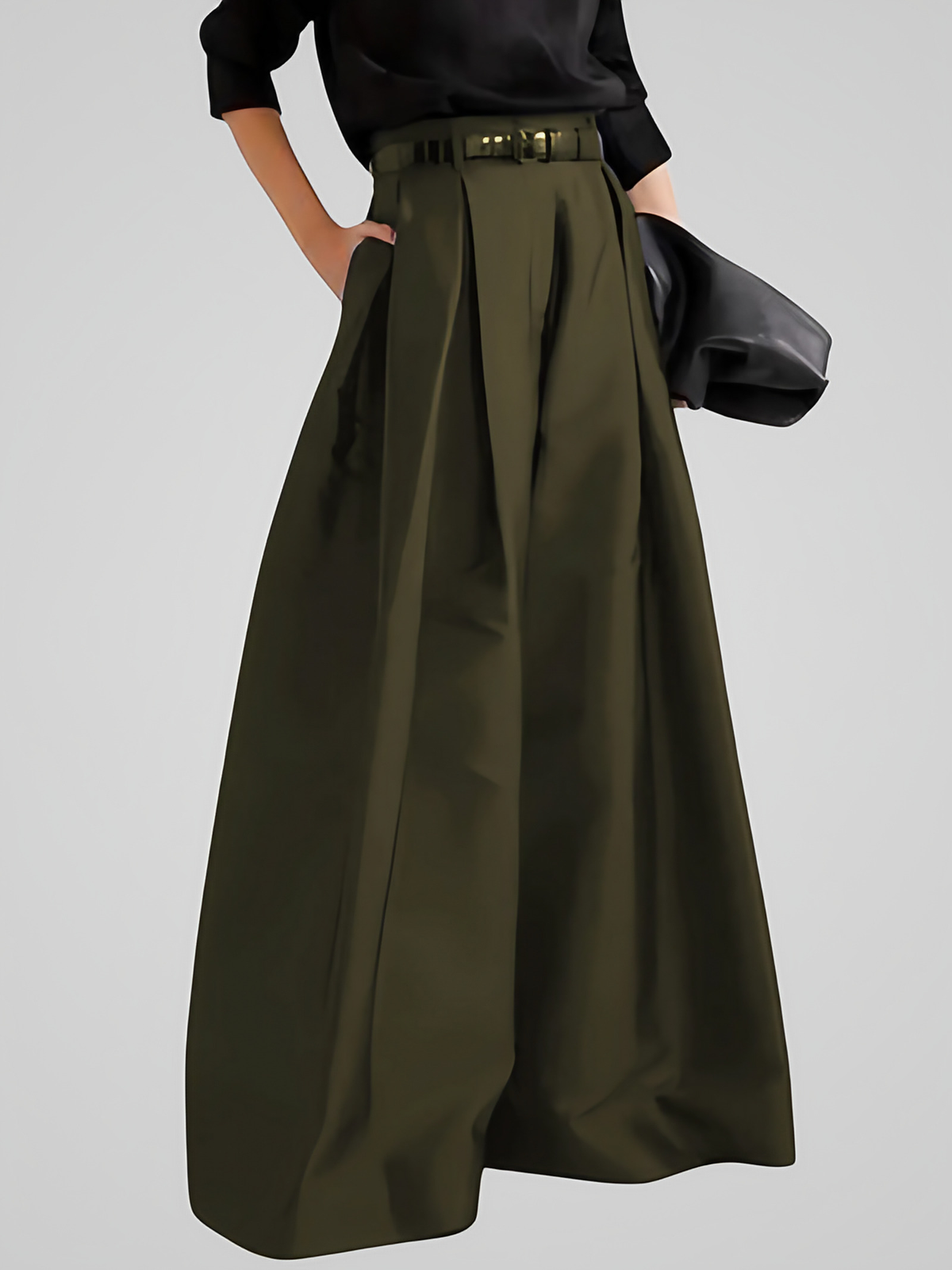 Jupe-culotte longue femme taille haute, jambe large et coupe en A, vert armée