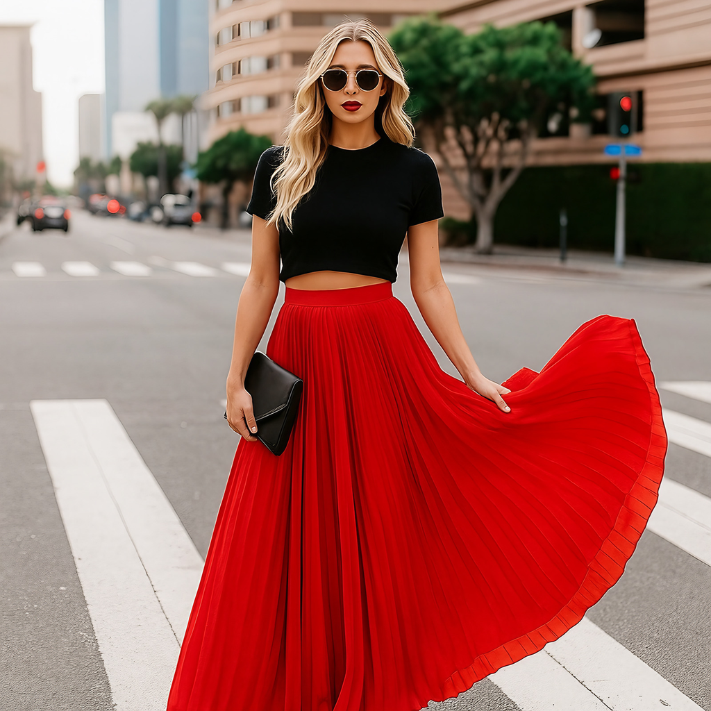 Jupe longue plissée femme à taille élastique, trois coloris