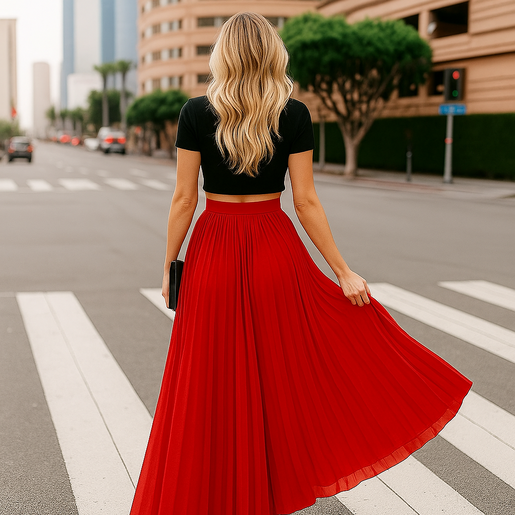 Jupe longue plissée femme à taille élastique, trois coloris