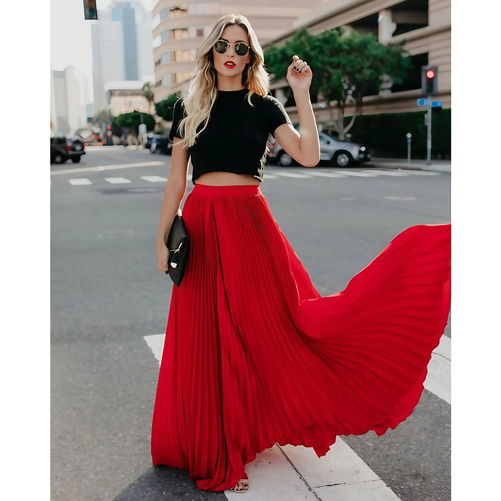 Jupe longue plissée femme à taille élastique, trois coloris, rouge