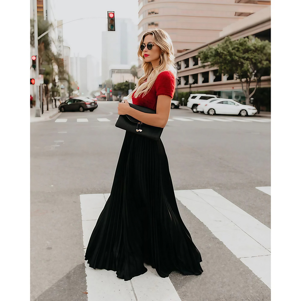 Jupe longue plissée femme à taille élastique, trois coloris, noir