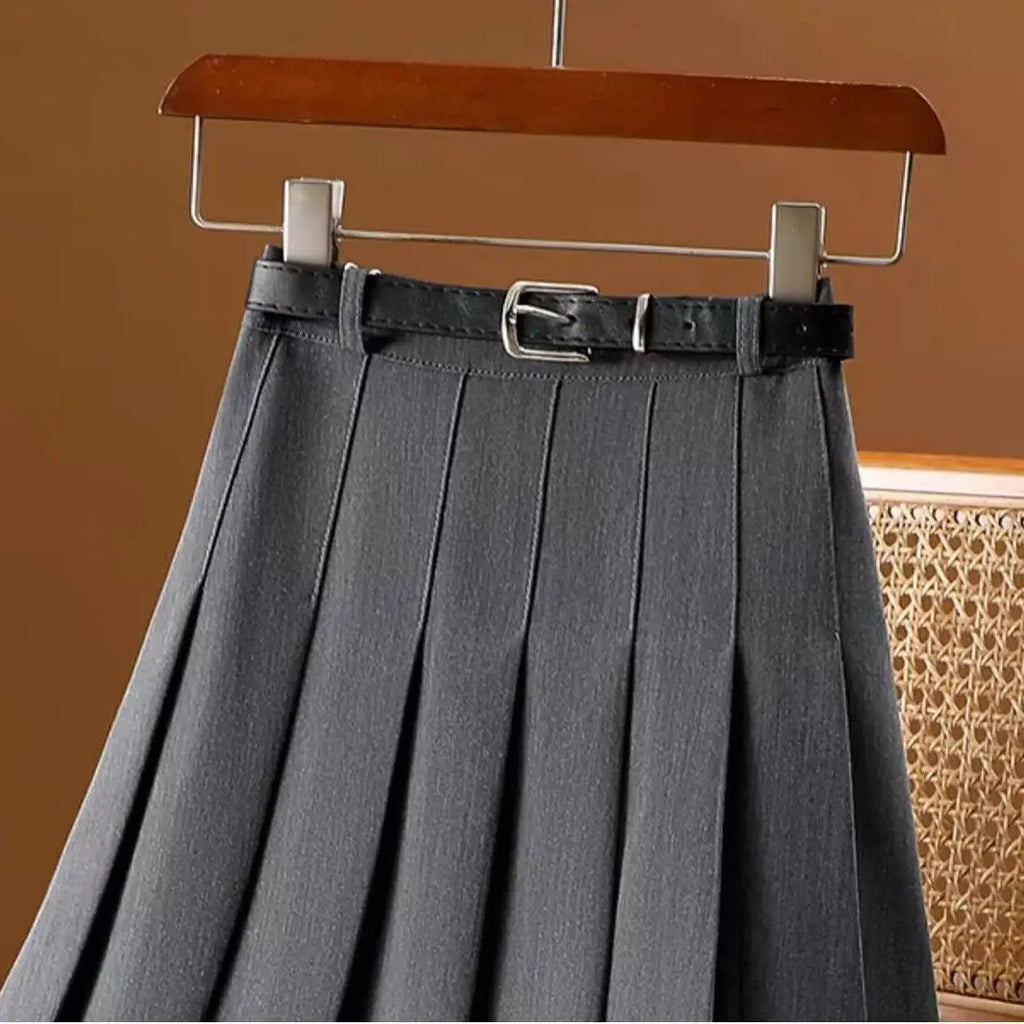 Jupe plissée midi femme avec ceinture ajustable, gris ou noir