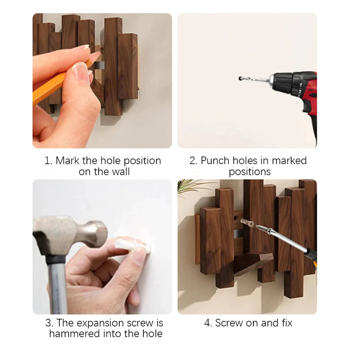 Porte-manteau mural en bois façon touches de piano, 3 à 8 crochets