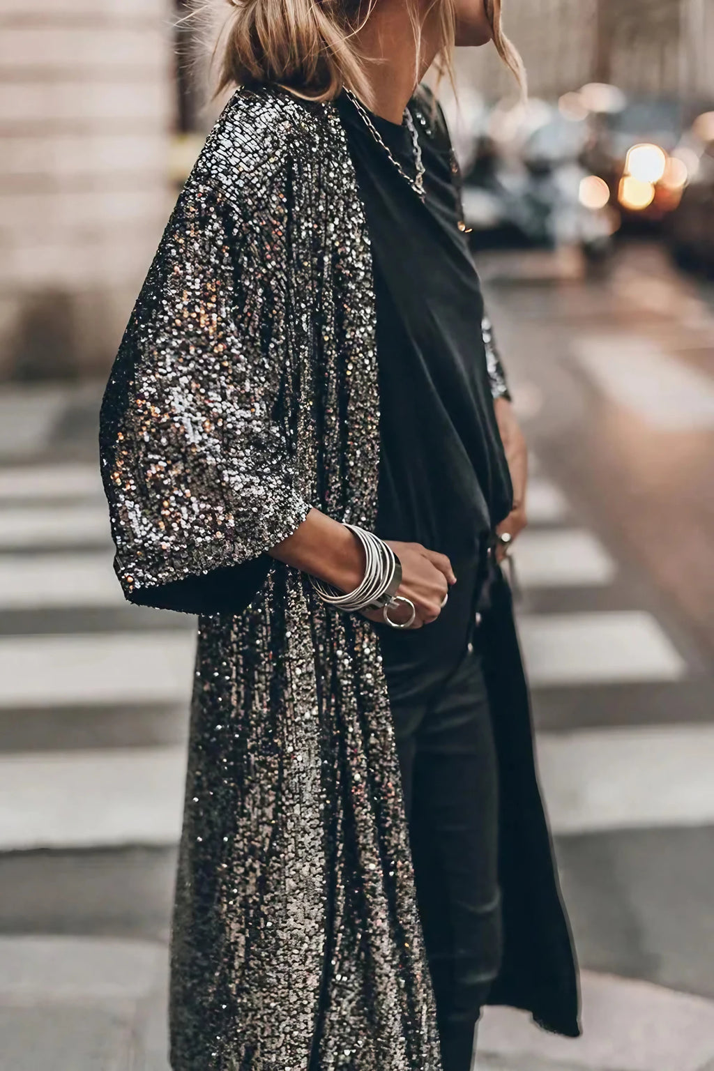 Kimono femme à paillettes, manches cloche, cinq coloris