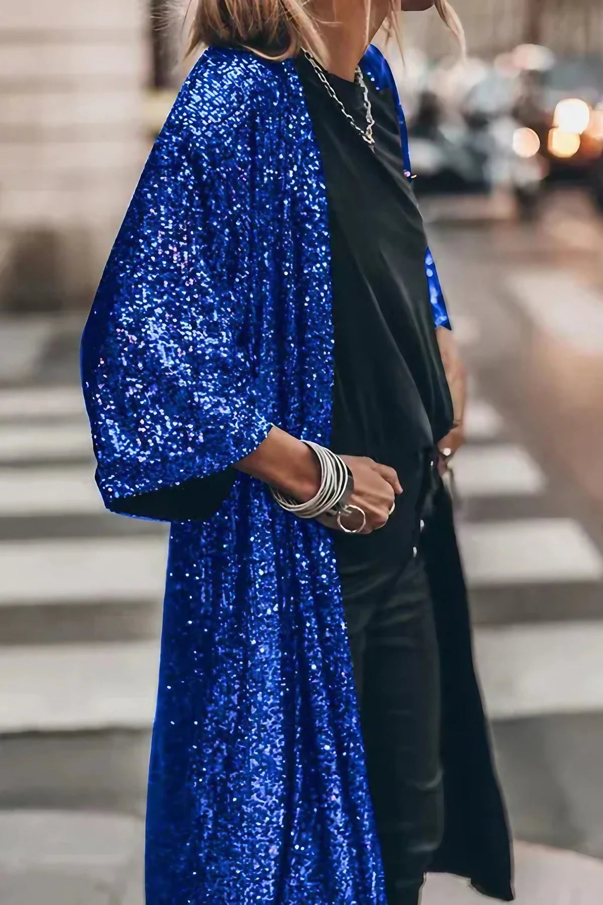 Kimono femme à paillettes, manches cloche, cinq coloris, bleu