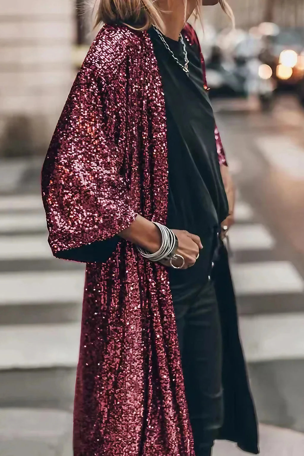 Kimono femme à paillettes, manches cloche, cinq coloris, rouge