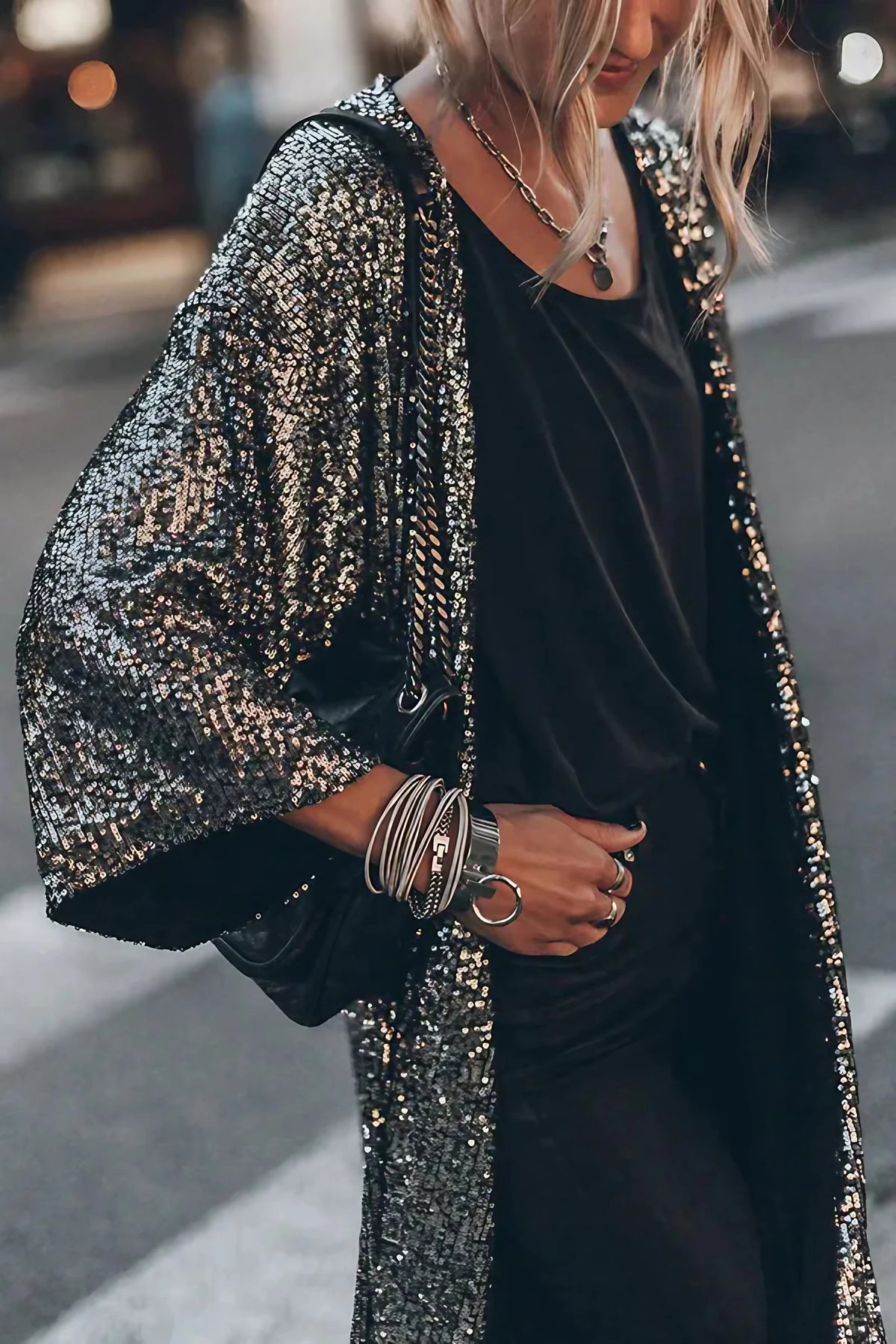 Kimono femme à paillettes, manches cloche, cinq coloris, noir
