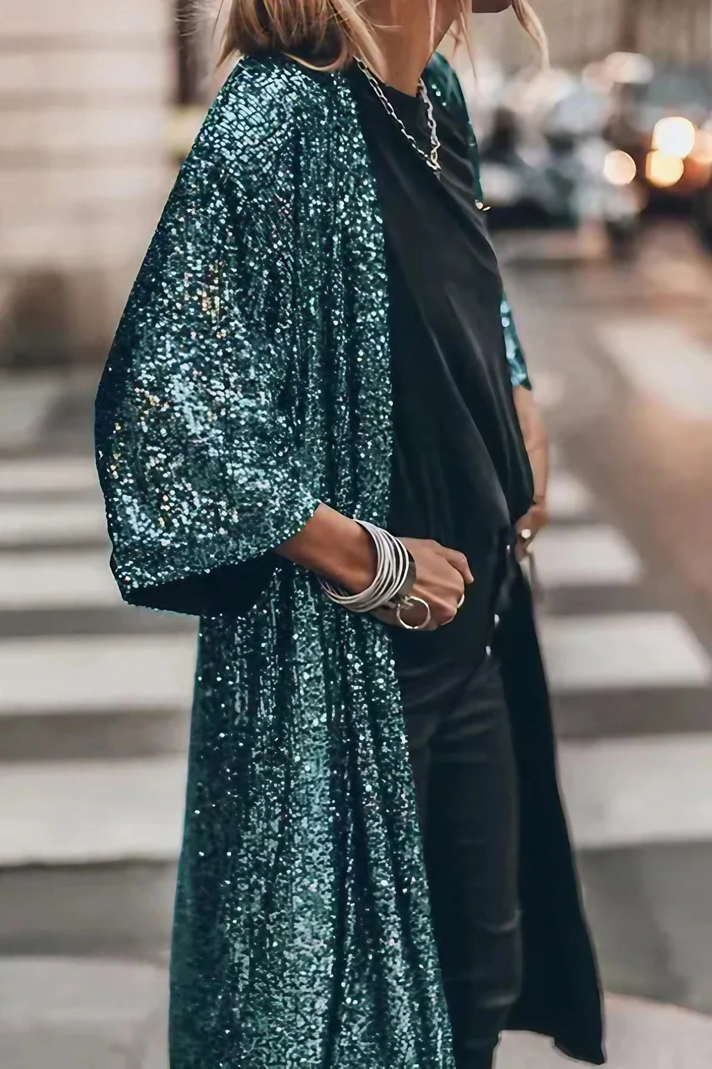 Kimono femme à paillettes, manches cloche, cinq coloris, vert