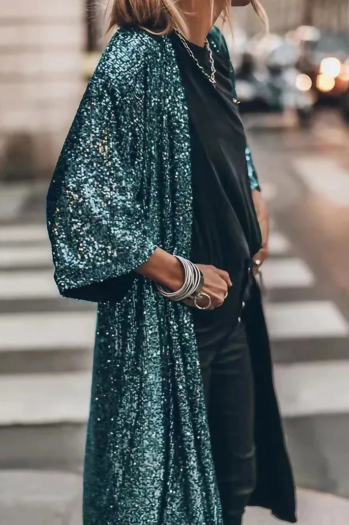 Kimono femme à paillettes, manches cloche, cinq coloris, vert