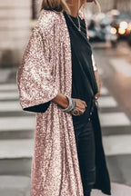 Kimono femme à paillettes, manches cloche, cinq coloris, rose