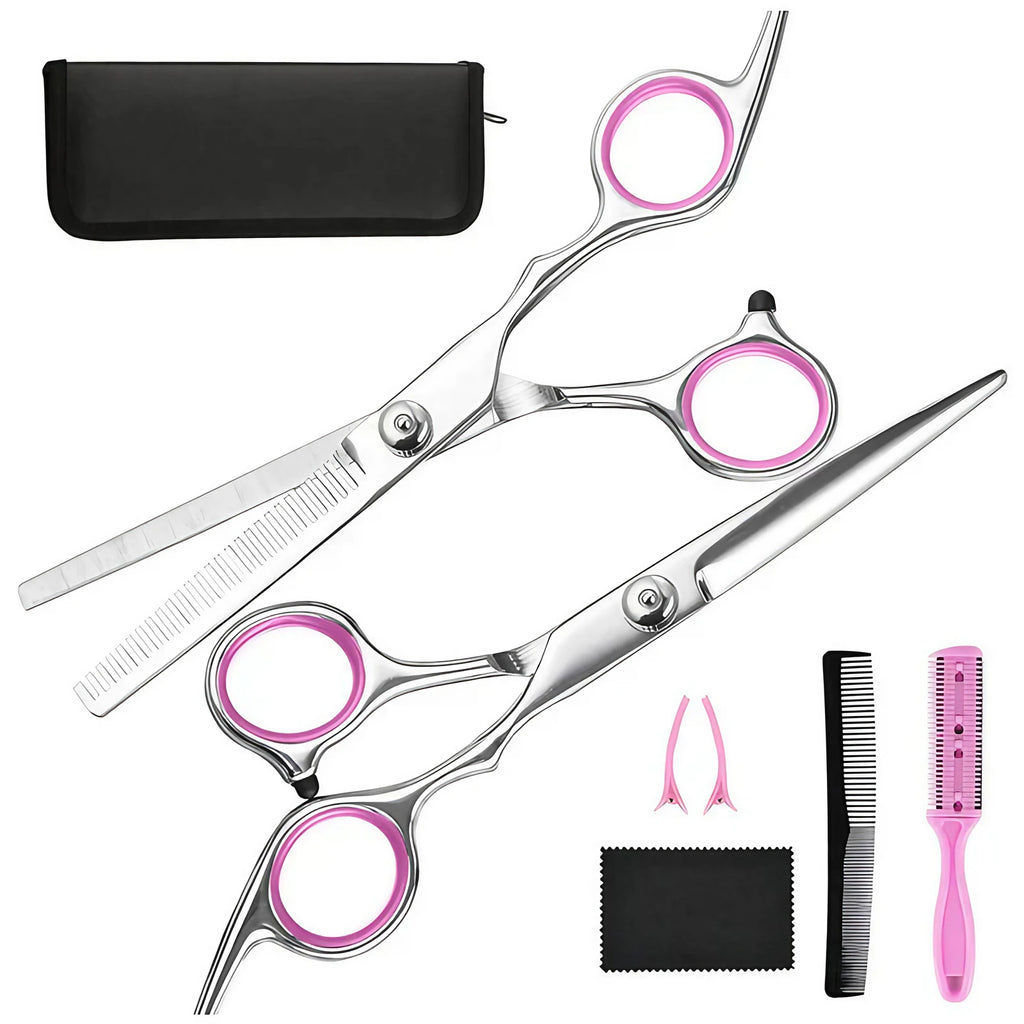 Kit de ciseaux de coiffure, coupe et effilage, avec étui, rose