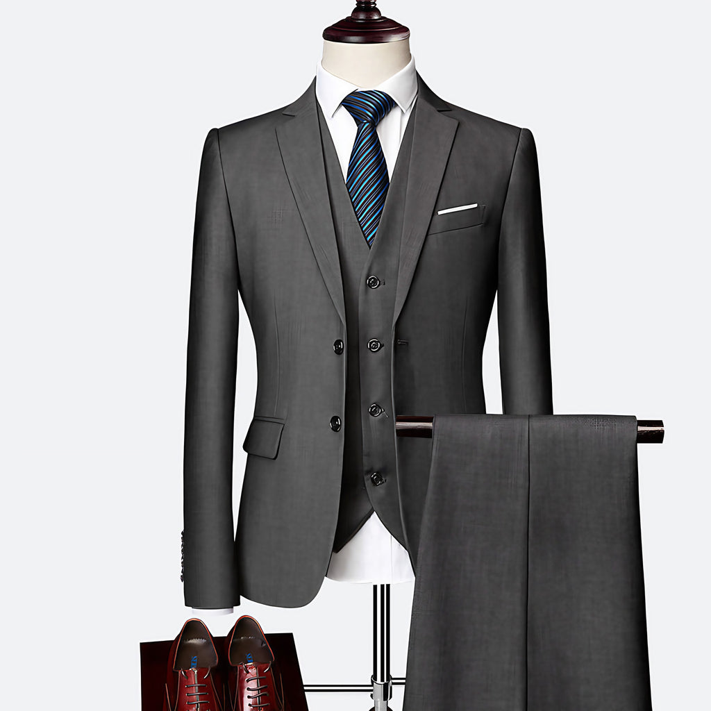 Costume 3 pièces homme, veste, gilet et pantalon, coupe ajustée, gris foncé
