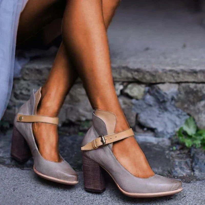 Chaussures à talon bloc femme, bride à boucle, bout rond