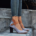 Chaussures à talon bloc femme, bride à boucle, bout rond, gris