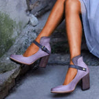 Chaussures à talon bloc femme, bride à boucle, bout rond, violet