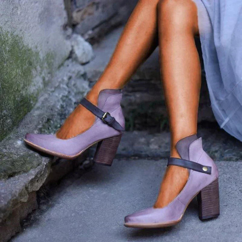 Chaussures à talon bloc femme, bride à boucle, bout rond, violet