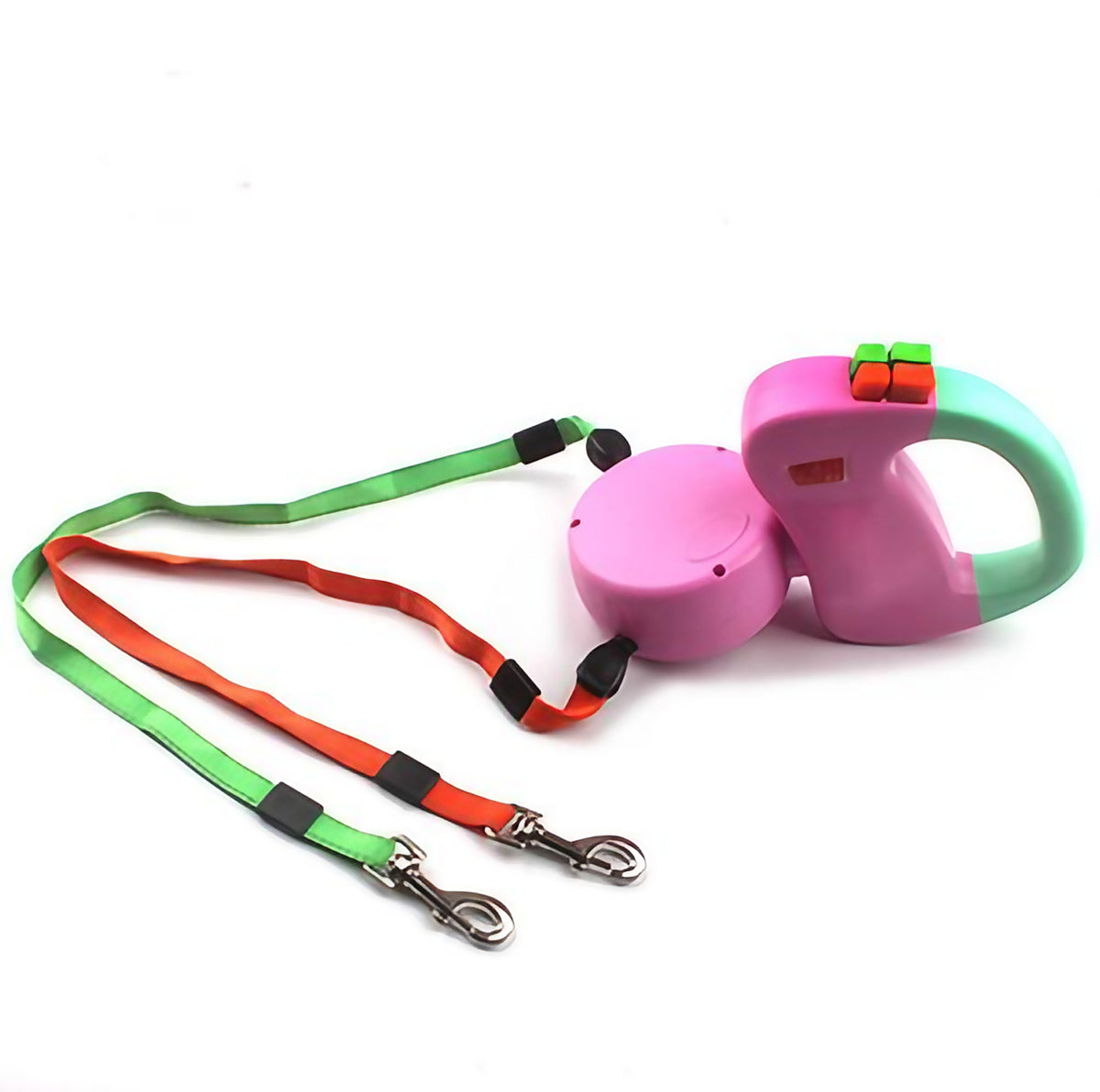 Laisse double rétractable pour deux chiens, poignée rotative 360°, rose