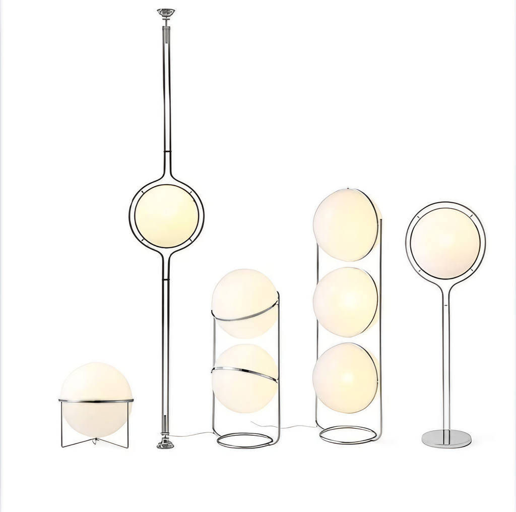 Lampadaire à boules blanches, acier brossé, une ou deux sphères