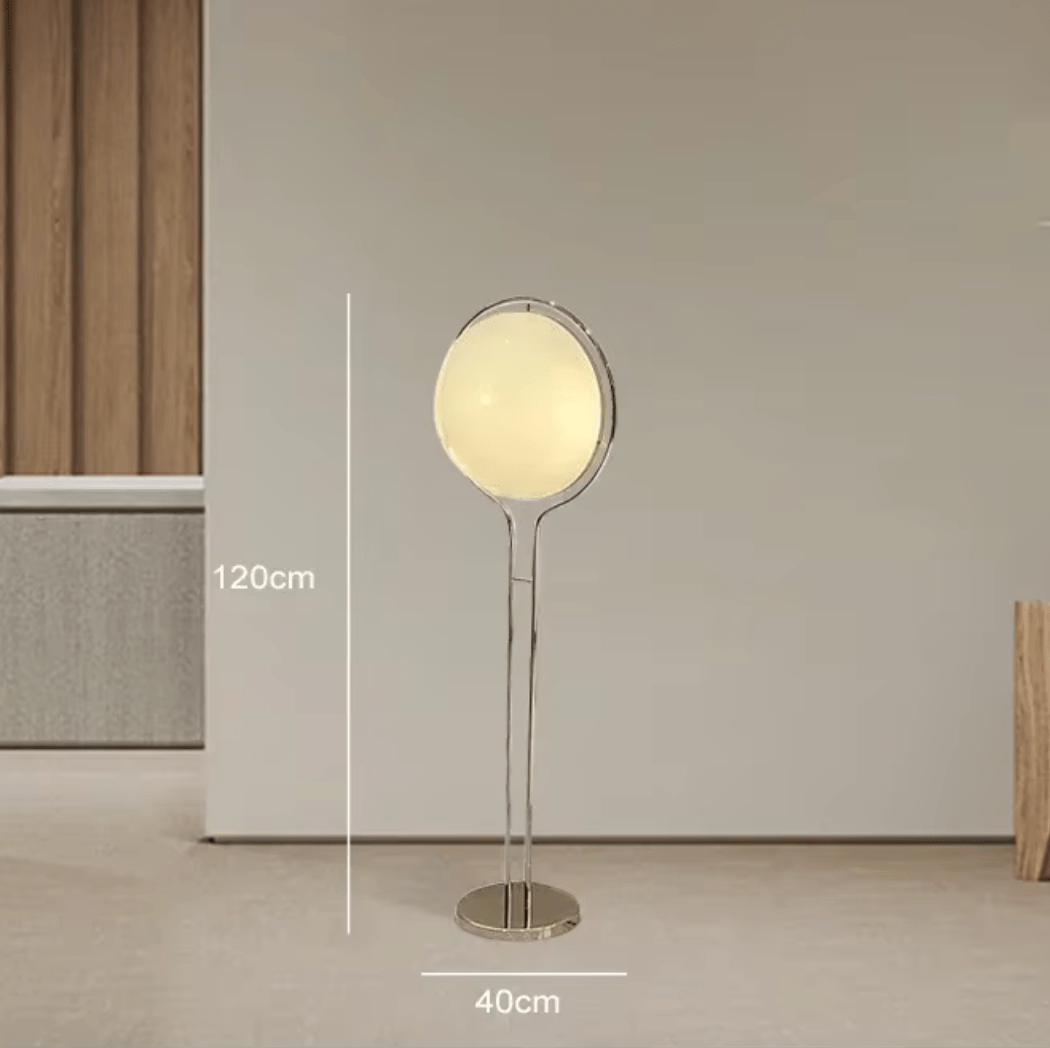 Lampadaire à boules blanches, acier brossé, une ou deux sphères