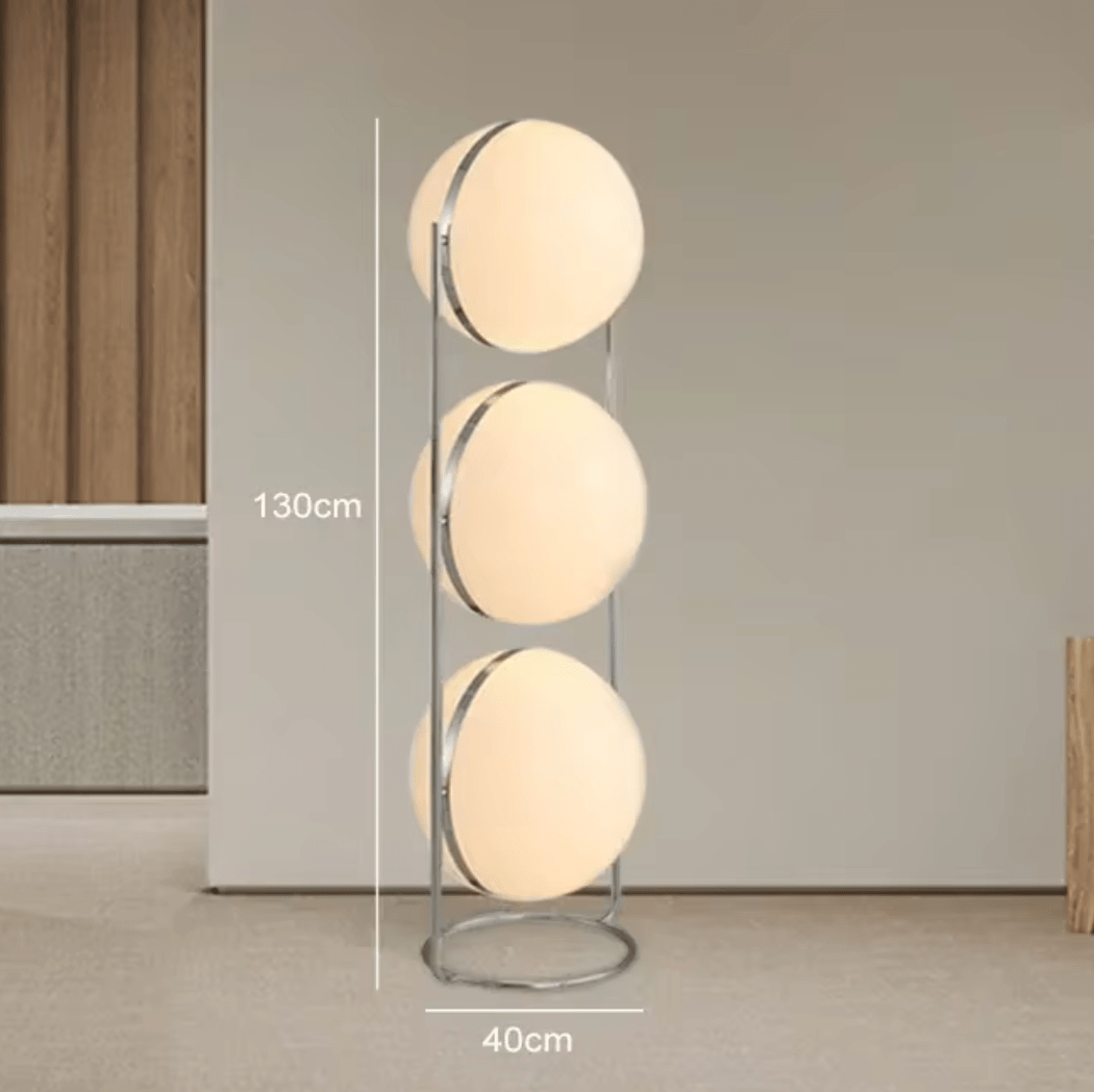 Lampadaire à boules blanches, acier brossé, une ou deux sphères