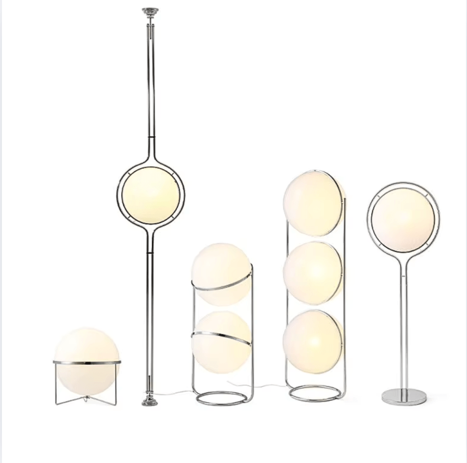 Lampadaire à boules blanches, acier brossé, une ou deux sphères