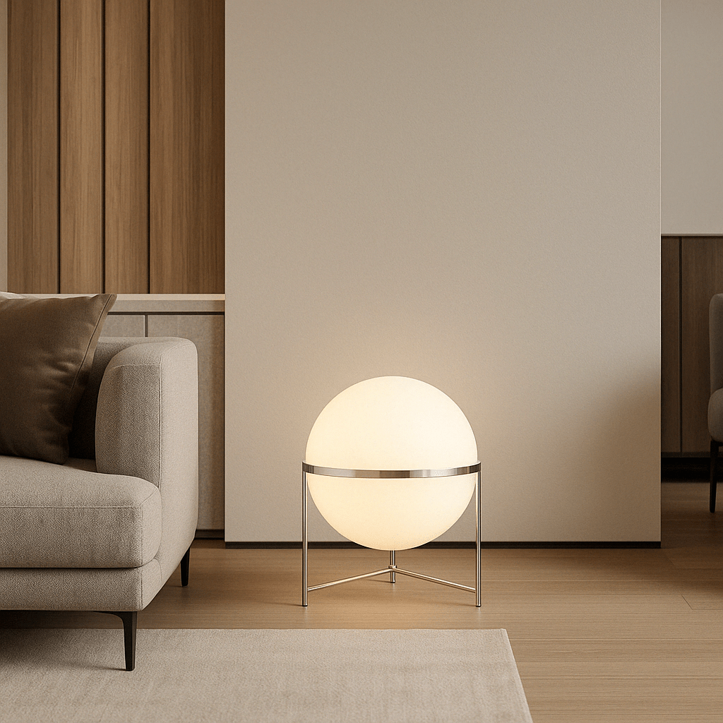 Lampadaire à boules blanches, acier brossé, une ou deux sphères