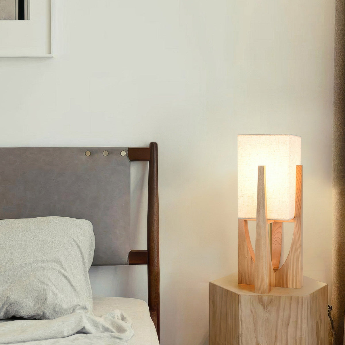 Lampe style japonais en noyer massif, abat-jour coton-lin