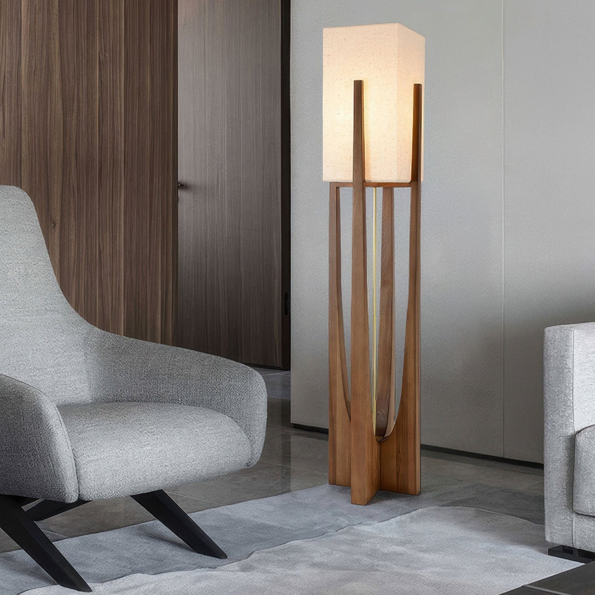 Lampe style japonais en noyer massif, abat-jour coton-lin
