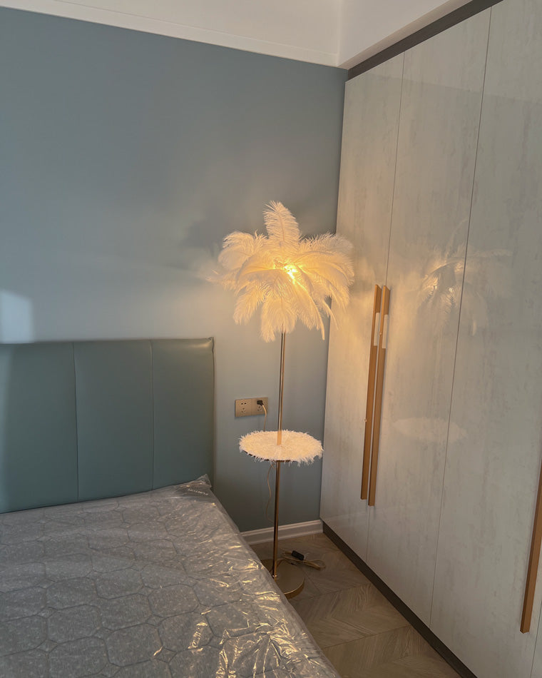 Lampadaire en plumes forme palmier, avec plateau, 115 ou 160 cm