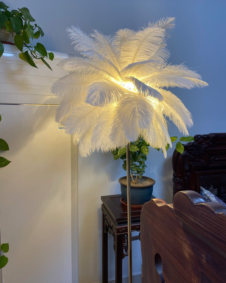 Lampadaire en plumes forme palmier, avec plateau, 115 ou 160 cm
