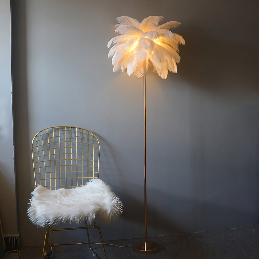 Lampadaire en plumes forme palmier, avec plateau, 115 ou 160 cm, blanc