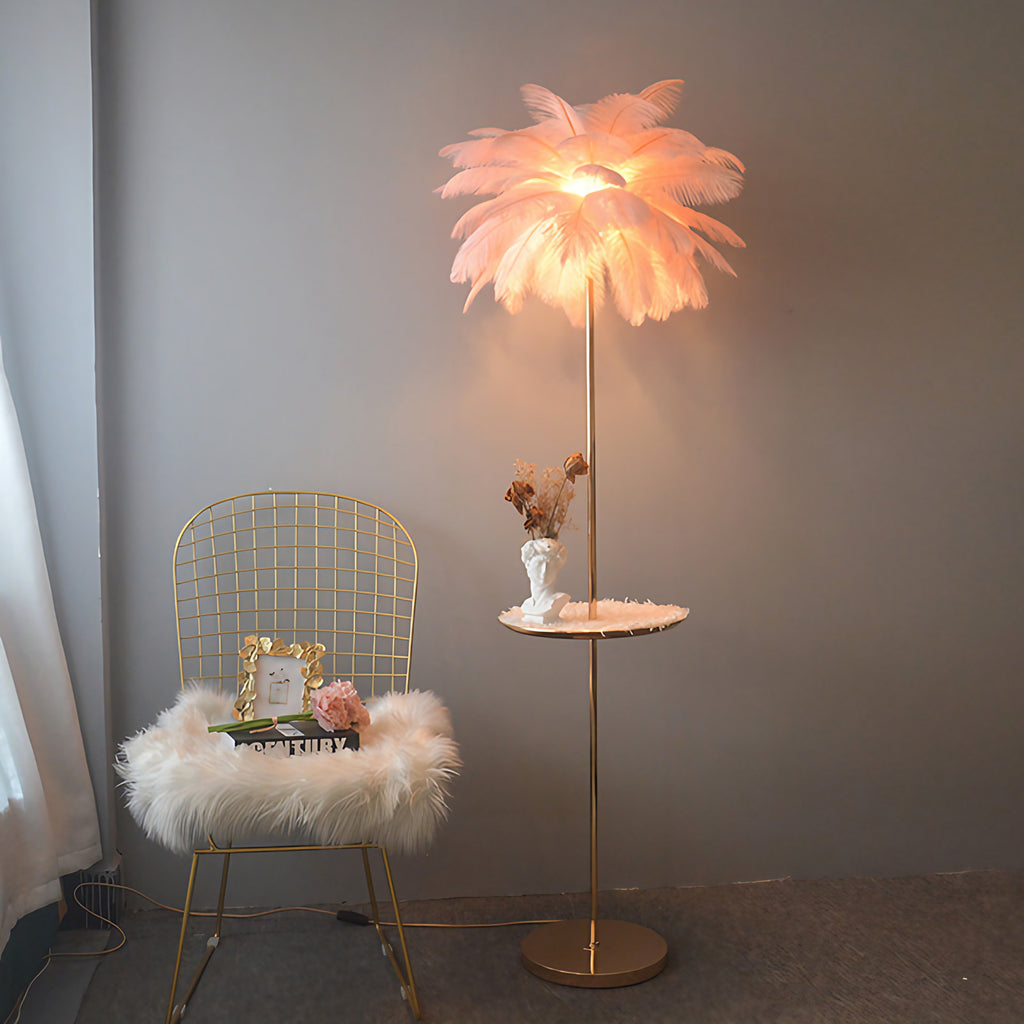 Lampadaire en plumes forme palmier, avec plateau, 115 ou 160 cm, rose